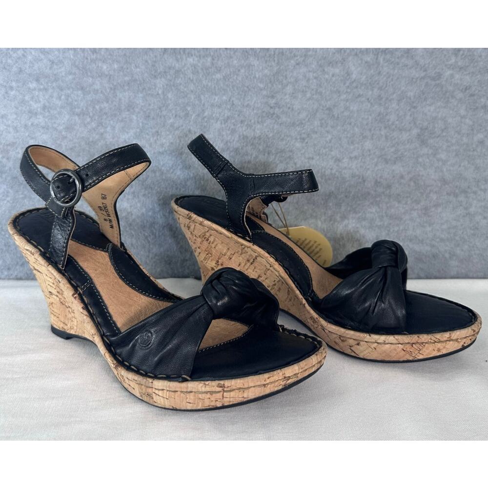 Born NWT Women's sz 8 Black Leather Knot Platform Wedge Ankle Strap Cork Heel